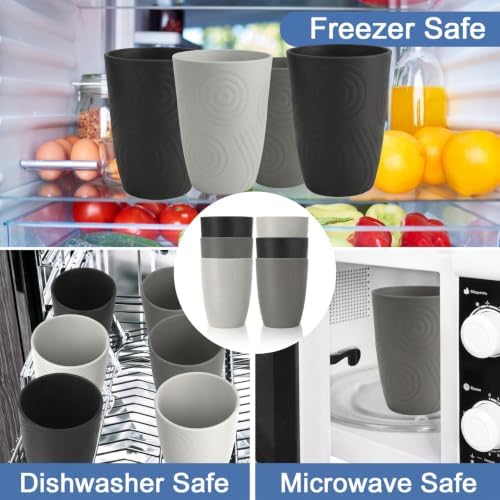 16oz Wheat Straw Cups Set of 6, Unbreakable Kitchen Cup (BlackGrey)