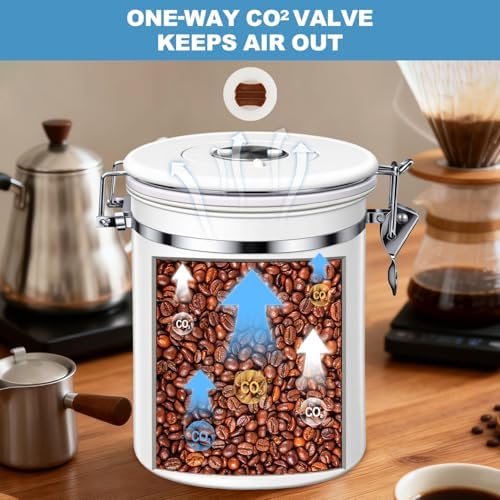 ShanSon Coffee Canister Airtight, Stainless Steel Bean Storage Container with Date Tracker & Scoop, Grounds Sugar Flour Tea Cereal Fits Kitchen Pantry, Ideal Gift for Coffee Lovers,12oz, White