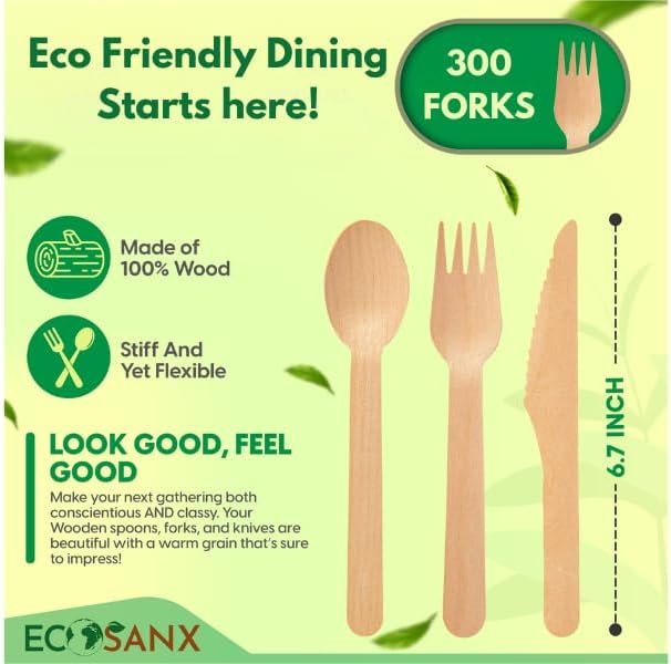 ECOSANX® 300 PCs Wooden forks for eating 6.3" Splinter Free Compostable Forks, Eco-Friendly Wooden Cutlery for Party & Outdoor, Disposable forks for Camping, Events & More