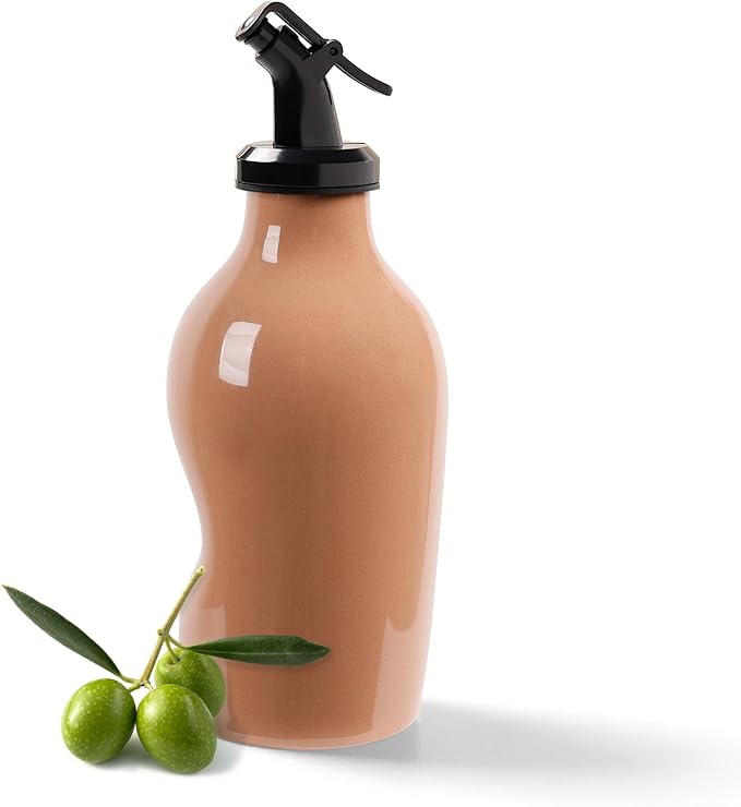 Ceramic Oil Dispenser Bottle with Acrylic Spout - Mini Kitchen Oil & Vinegar Cruet for EVOO, Avocado Oil - Easy-Grip Design, Compact Size 285ml (Glossy Brown)