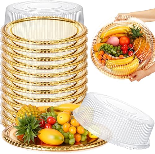 Nitial 12 Pcs Plastic Serving Trays with Lids, Round, Gold, 18 Inches