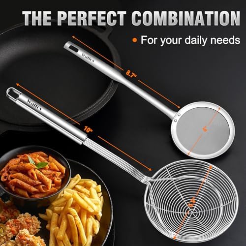 Walfos Spider Strainer, Set of 2-5.5 Inch Stainless Steel Fryer Scoop & 4 inch Fat Skimmer Spoon, Kitchen Spider Skimmer Strainer With Handle, For Cooking Deep Fryer, Pasta, Egg,Fat