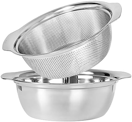 Paoli 304 Stainless Steel Fine Mesh Colander Set, 5QT Large Capacity Strainer with Mixing Bowl — Rinse Fruits, Veggies, Rice & Drain Pasta, Dishwasher Safe (2-Piece)