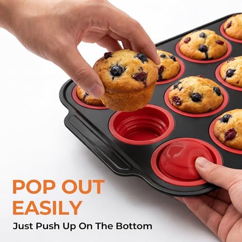 12-Cup Collapsible Silicone Muffin Pan with Metal Frame & Spatula - Space Saving Foldable Cupcake Tray - Easy Release Baking Mold for Egg Bites, Muffins & Tart - Dishwasher Safe Red