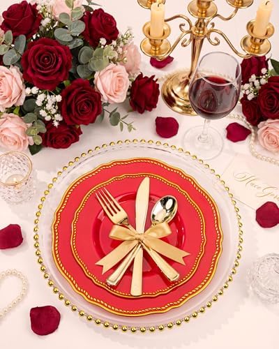 Hioasis 175 Pcs Red Gold Plastic Plates Wedding & Party