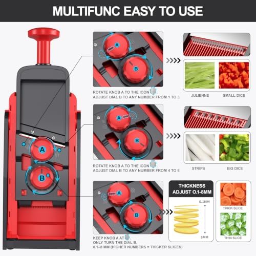 SupMaKin Safe Mandoline Slicer for Kitchen,Pptato Slicer, Vegetable Onion Chopper, French Fry Cutter, Adjustable Thickness, Julienne & Dicer Salad Chopping Artifact (4V RED)
