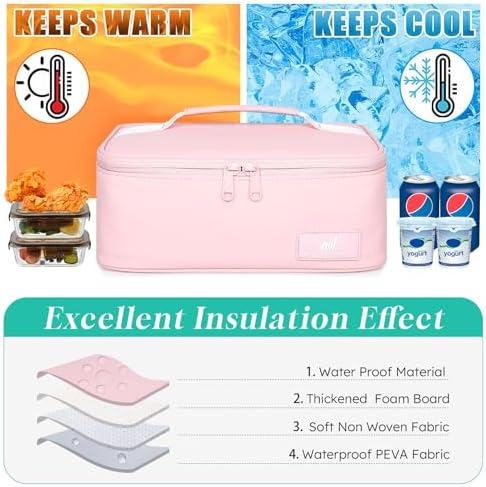 NOL Insulated Lunch Bag for Adults – Compact Cooler Lunch Box with Food-Grade Lining, Waterproof Lunch Bag for Work, Travel | Portable Thermal Meal Tote with Handle, Pink