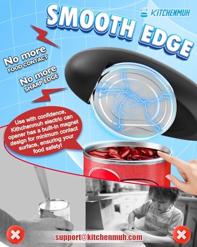 KITCHENMUH One Touch Electric Can Opener Fits All Can Sizes for Seniors with Arthritis, Battery Operated Can Opener with Smooth Edge, Food Safe Automatic Can Opener for Kitchen (Black+Grey)