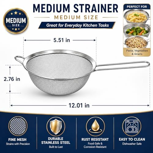HiramWare Fine Mesh Strainer, Medium Stainless Steel Colander with Handle, Sieve for Pasta, Rice, Quinoa, Spaghetti, Fruits, Berry, Flour, Veggies, Metal Sifter for Kitchen