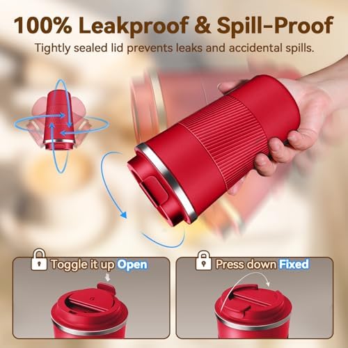 17OZ Travel Coffee Mug Insulated Coffee Cup with Spill Leak Proof Lid, Portable Stainless Steel Tumbler Reusable Hot and Cold Water Mug for Car, Daily, Camping- Red