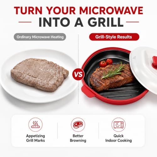 Microwave Grill Pan with Lid,Nonstick Grill Plate,Red