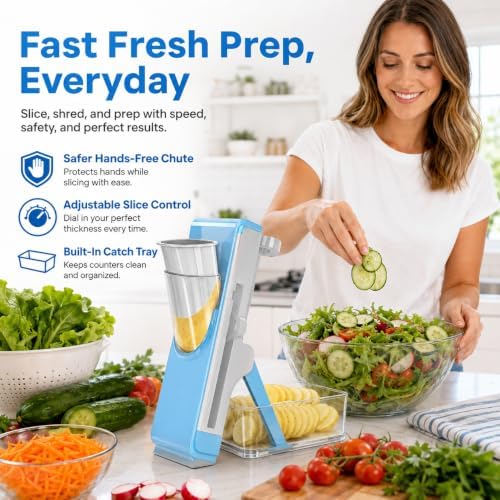 Safe Mandoline Slicer for Kitchen, Vegetable Slicer with Container, French Fry Cutter, All in 1 Julienne Slicer for Potato, Thickness Adjustable, Detachable Blade (Light gray-blue)
