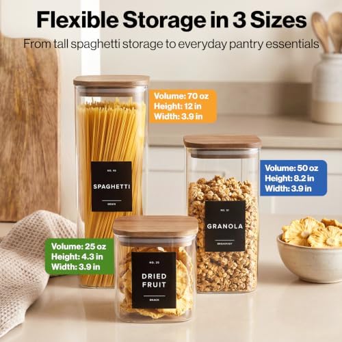 Glass Pantry Storage Jars Containers with Acacia Lids and Labels - Set of 5