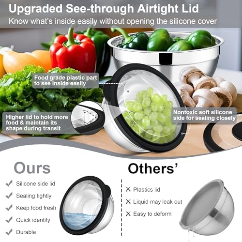 E-far Mixing Bowls with Lids and Graters, Stainless Steel Salad Mixing Bowl with Transparent Lid Set of 3, Metal Nesting Salad Storage for Kitchen Prepping/Serving/Baking, 4.6/2.6/1.5QT - Black