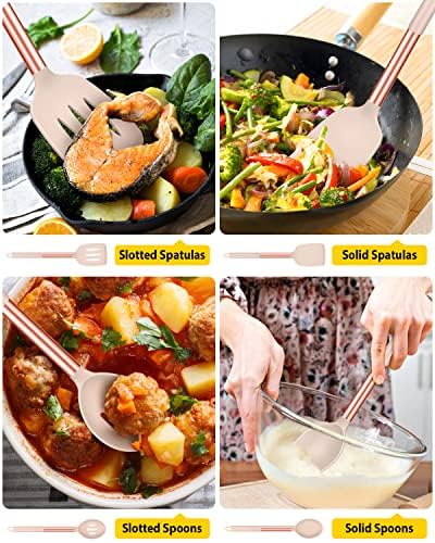 Pack of 4 Silicone Cooking Utensils Set, Non Stick Large Solid Spatulas, Heat Resistant Rose Gold Khaki Slotted Spoons, Ideal BPA Free Kitchen Turners for Frying, Mixing,Serving,Draining,Turning