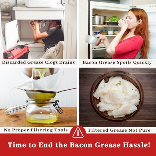 Ayerphalo Bacon Grease Container with Strainer - With Food-Grade Silicone Spatula, 24oz Enamel Rustic Farmhouse Fat Container, Keeper, Recipes, Dishwasher Safe