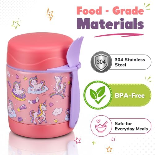 10oz Soup Thermo for Hot Food Kids,Lunch Thermo Kids Food Jar with Spoon Hot Insulated Food Containers,Leak Proof Stainless Steel Wide Mouth Lunch Thermo Jar for School(Pink-Unique Horse)