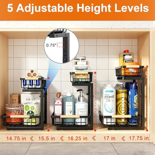 REALINN Under Sink Organizer, Adjustable 2 Tier Pull Out Kitchen Bathroom