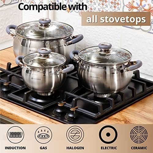 Daniks Modern 3 Quart Stainless Steel Stock Pot with Glass Lid, Tri-Ply Bottom for Even Heating, Induction Compatible, Dishwasher Safe, Heatproof Handles