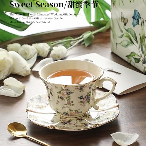 TATSUMI Country Roses Bone China Tea Cup and Saucer Set, 3 Pieces, Vintage Style, For Women and Tea Parties(yellow,1 Set)