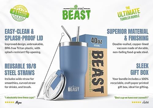 Beast 40 oz tumbler - Vacuum Insulated Tumbler with Straw - Leak Proof Stainless Steel Travel Mug - Double Wall Iced Coffee Cup - Reusable Water Bottle - Gifts for Mom, Women and Men (Stormy Sky Blue)