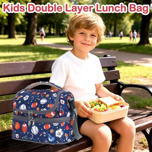 FlowFly Double Decker Cooler Insulated Lunch Bag Large Tote for Boys, Girls, Men, Women, With Adjustable Strap, Football
