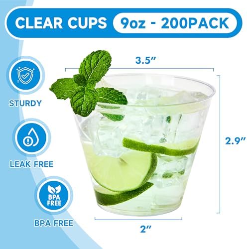 RACETOP 9 oz 200 packs Clear Disposable Plastic Cups, Perfect for Parties