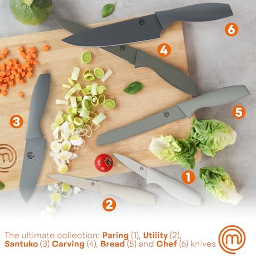 MasterChef Knife Set with Block, 7pc Kitchen Knives Set with Holder, Grey