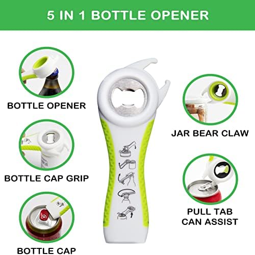 Jar Opener for Weak Hands, Seniors with Arthritis, 5 in 1 Multi Function Bottle Opener Lid Opener For Arthritic Hands with Non Slip Rubber Jar opener Gripper Pad and Corkscrew Wine Opener(GREEN)