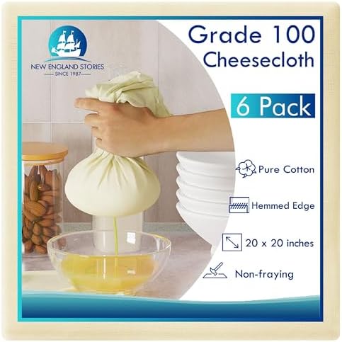 6 PCS Reusable Cheesecloth, Grade 100, 20x20 Inch Hemmed Cheese Cloth for Straining Craft, 100% Cotton Unbleached Cloth Strainer for Cooking, Baking, Juicing, Cheese Making (40×50 Threads)