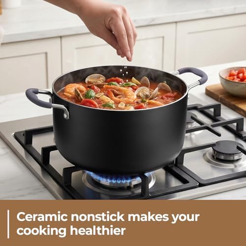 10 Quart Nonstick Stock Pot with Lid, Ceramic Soup Pot with Lid, Induction Cooking Pot with Silicone Handle for All Stoves, Healthy Non-toxic Cooking Pot for Stew/Pasta, PFAS & PFOA Free
