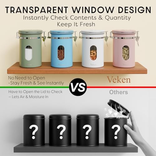 Veken Coffee Canister with Window, Airtight Stainless Steel Container,Date Tracker, Kitchen Food Storage Jars for Beans, Ground, Espresso, Rice,Tea, Sugar, Cereal, Gifts, Scoop,Green, 22OZ (Pack of 2)