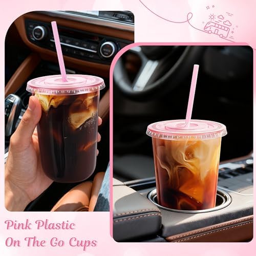 tchrules 100 Set 16oz Pink Plastic Disposable Cups with Lids and Straws