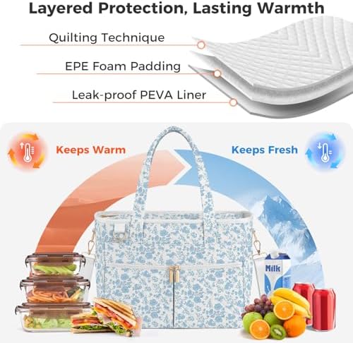 Large Lunch Box for Women, Insulated Lunch Bag for Work, Blue floral
