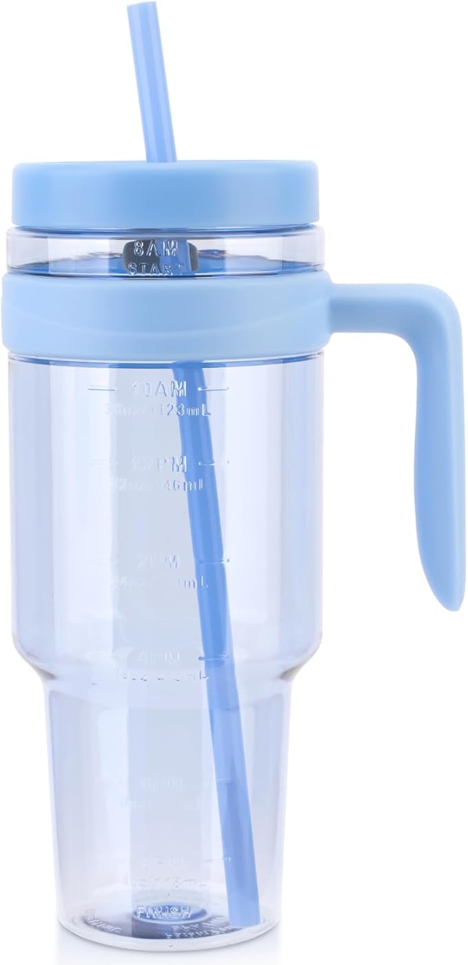 50 oz Tritan Clear Plastic Tumbler with Handle | Reusable Leak-Proof BPA-Free Water Bottle with Time Marker for Iced Coffee, Tea, Juice, Boba, Smoothies | Wide Mouth | Single-Walled