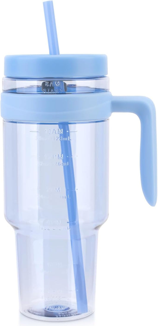 50 oz Tritan Clear Plastic Tumbler with Handle | Reusable Leak-Proof BPA-Free Water Bottle with Time Marker for Iced Coffee, Tea, Juice, Boba, Smoothies | Wide Mouth | Single-Walled