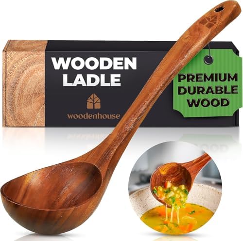 Wooden Ladle for Cooking, 12.4" Teak Soup Spoon, Medium 2 oz Serving Scoop
