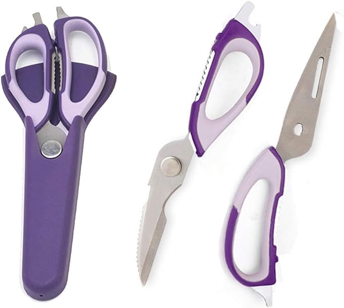 Multifunction Kitchen Food Scissors, Detachable Stainless Steel Heavy Duty Culinary Scissors, 7-in-1 Household Shears with Magnetic Holder, for Cut Poultry Meat Bone Vegetables Fruit Seafood (purple)