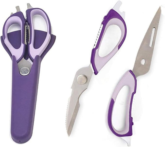 Multifunction Kitchen Food Scissors, Detachable Stainless Steel Heavy Duty Culinary Scissors, 7-in-1 Household Shears with Magnetic Holder, for Cut Poultry Meat Bone Vegetables Fruit Seafood (purple)