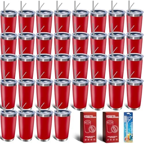 HAOLI 36 Pack Bulk 20oz Stainless Steel Tumblers, Lids & Straws, Red