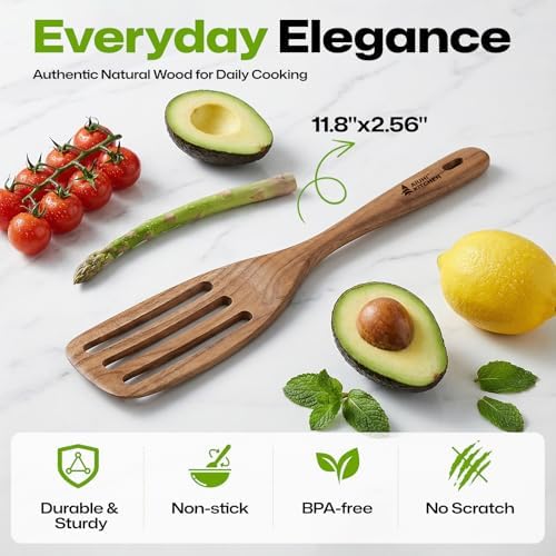 AIUHI Premium Wooden Slotted Spatula, Durable Teak Wood Cooking Spatula, Comfort Grip Wooden Kitchen Utensil, Perfect Cooking Gift for Home Cooks, Chefs, Women and Family