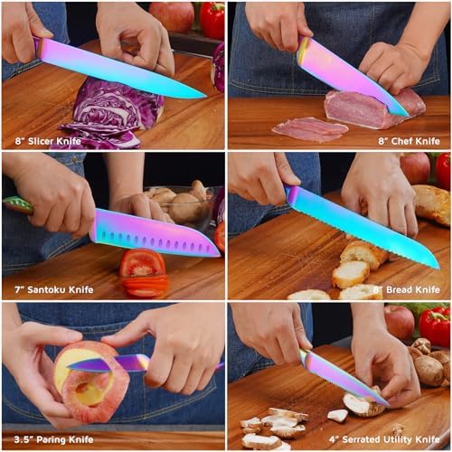 WELLSTAR Rainbow Knife Set - 7-Piece Iridescent German High-Carbon Stainless Steel Kitchen Knives with Universal Knife Block, Colorful Kitchen Cutlery for Cooking and Food Prep