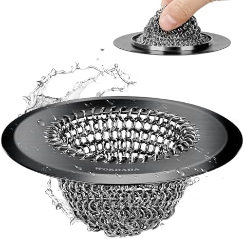 Upgraded Sink Drain Strainer, Patented Reversible Chain Mail Mesh, Black