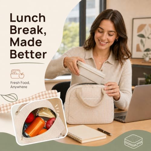 Bluboon Lunch Box for Women Cute Lunch Bag Reusable Insulated Lunch Bags Large Capacity Lunchbox Cooler for Work Picnic or Travel Gifts (Sage Green Checker, 10 x 7.5 x 8 inches)