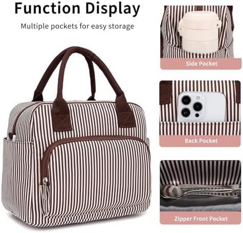 Lunch Bag Women Lunch Box for Women Adult Cute Insulated Lunch Bag Lager Cooler Lunch Tote Bags for Work Picnic (Coffee Stripes)