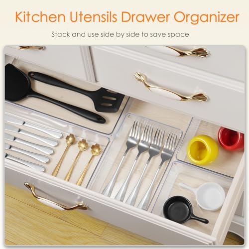 Criusia Drawer Organizer, 10 Pack Large Clear Plastic Set, 3 Size Versatile Bathroom and Vanity Organizer Trays, Storage Bins for Makeup, Bedroom, Kitchen Utensils