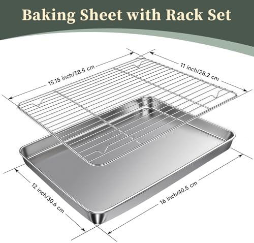 Baking Sheet with Rack Set (2 Pans + 2 Racks), 16 x 12 x 1 Inch Stainless Steel Cookie Sheet Baking Pan Tray with Cooling Rack, Jelly Roll Pan with Wire Rack, Warp Resistant & Heavy Duty & Rust Proof