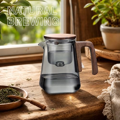 25oz Magnetic Glass Teapot with Removable Infuser, Borosilicate Glass Tea Kettle with Walnut Wood Handle, Loose Leaf Tea Pot for Home Office, Ideal Gift for Tea Lovers