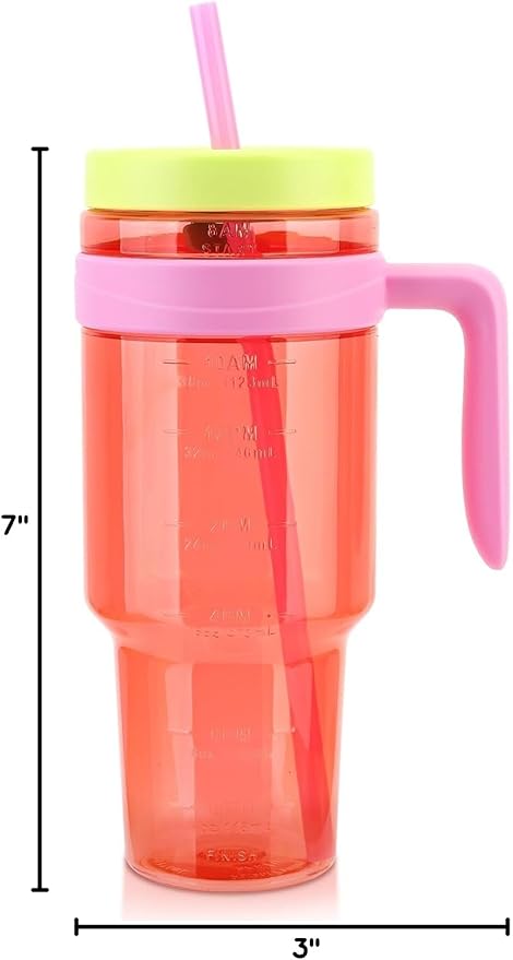 50oz Tritan Plastic Tumbler with Lid and Straw | Leak-Proof BPA-Free Cup with Time Marker | Reusable Tumbler for Iced Coffee, Milkshakes, Sports Drinks, Beer