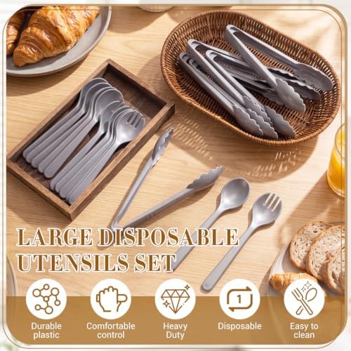 FoldTier 18 Pcs Disposable Plastic Serving Utensils Set Silver Serving Spoons Forks Tongs, Disposable Utensils for Party Weddings Birthday Dinner Buffets Banquets